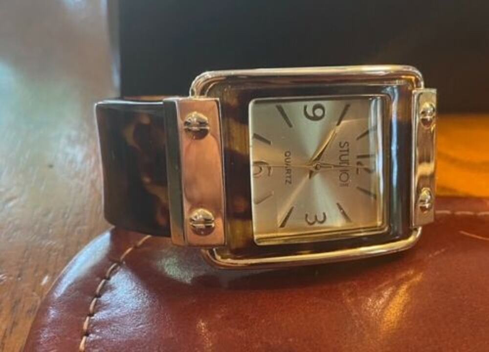 Women's Gold Tone Studio Time Watch, Tortoise Pattern Lucite Band and Bezel